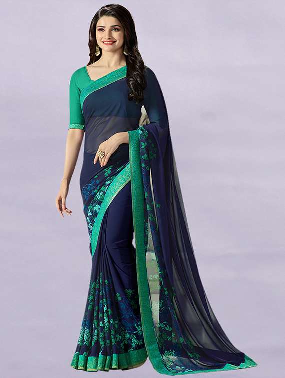 women's floral navy blue colored saree with blouse