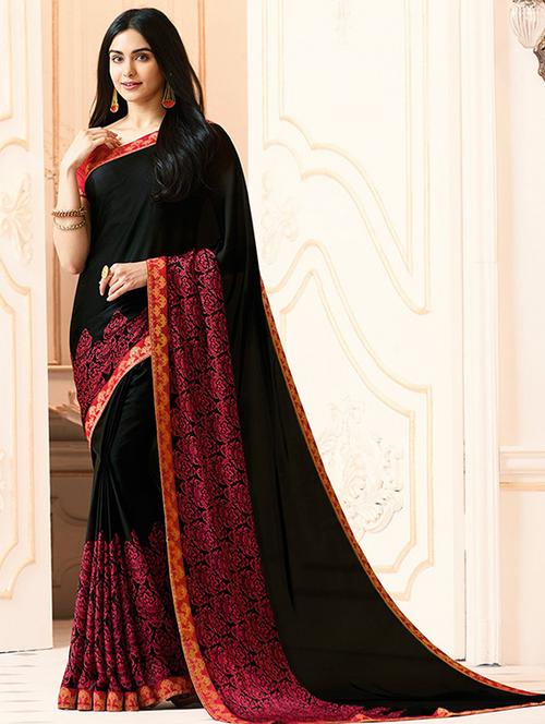 women's floral black colored saree with blouse - 20273341 -  Standard Image - 0