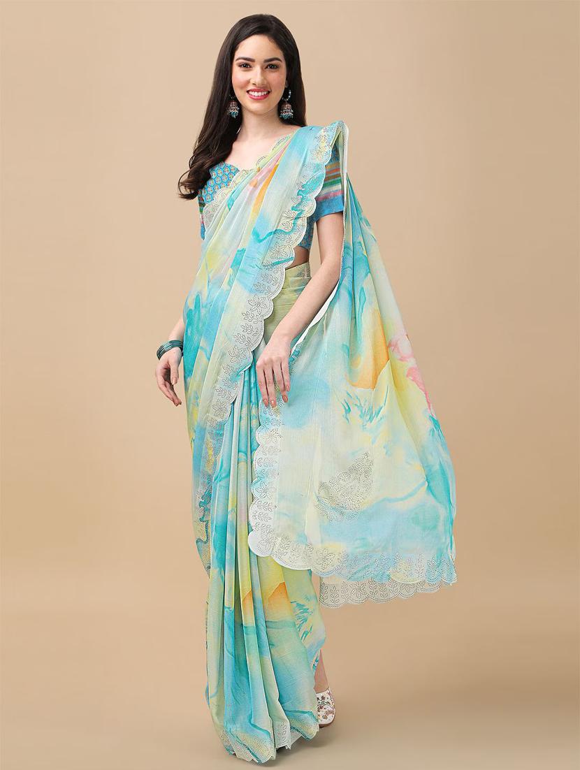 women's abstract light blue colored saree with blouse