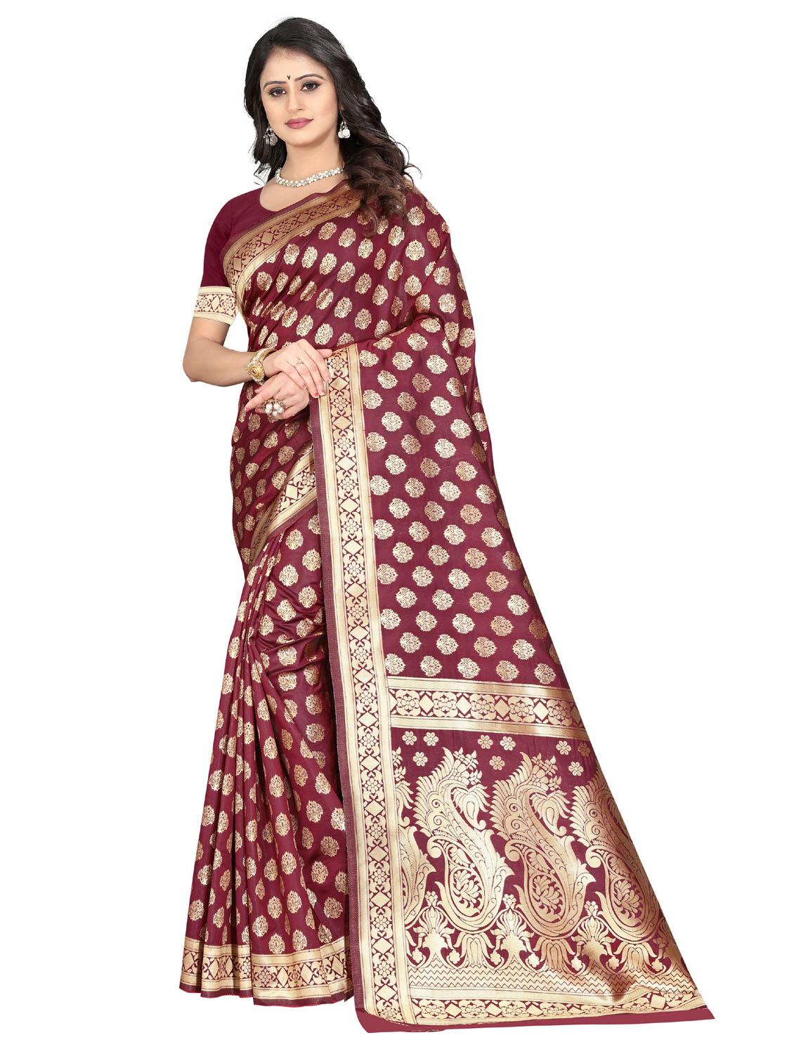women's self design maroon colored saree with blouse