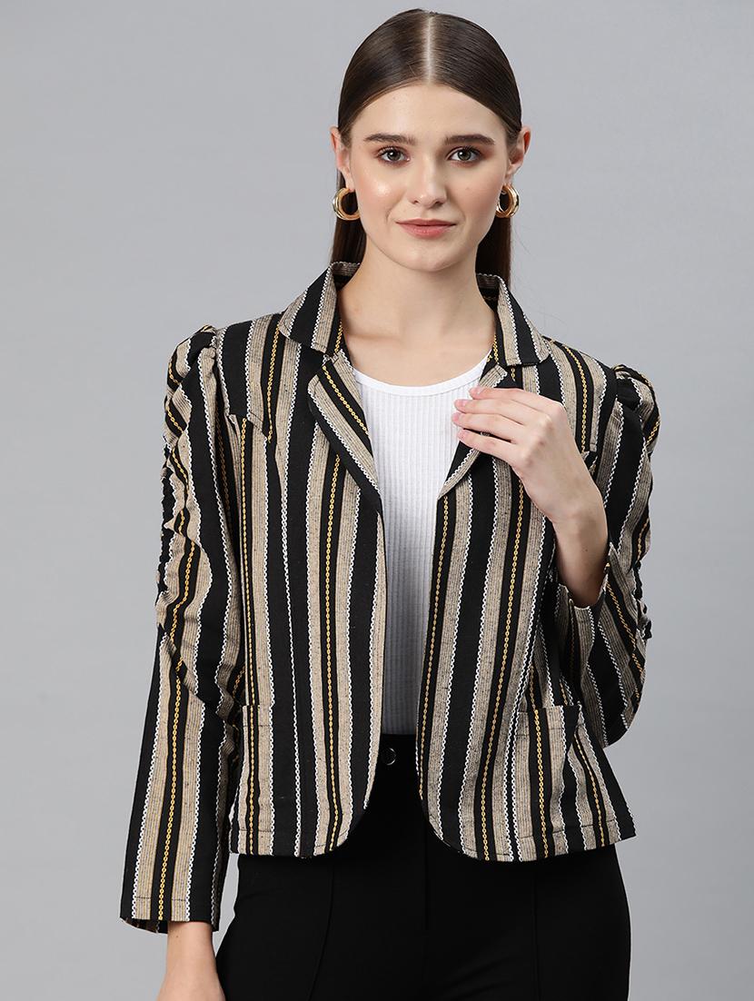 multi colored striped puff sleeves jacket