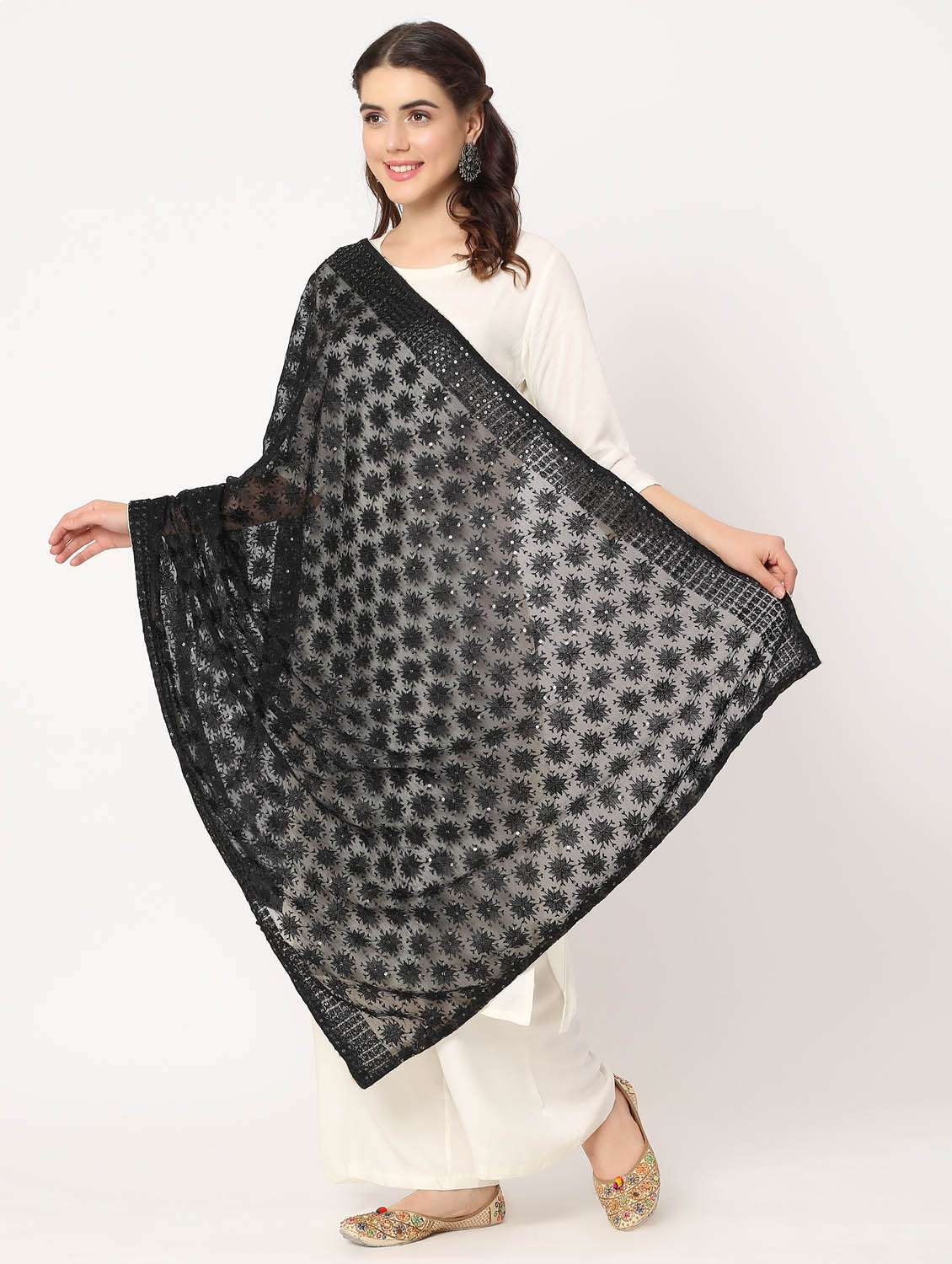 women black phulkari embroidered dupatta  - 20276658 -  Standard Image - 3