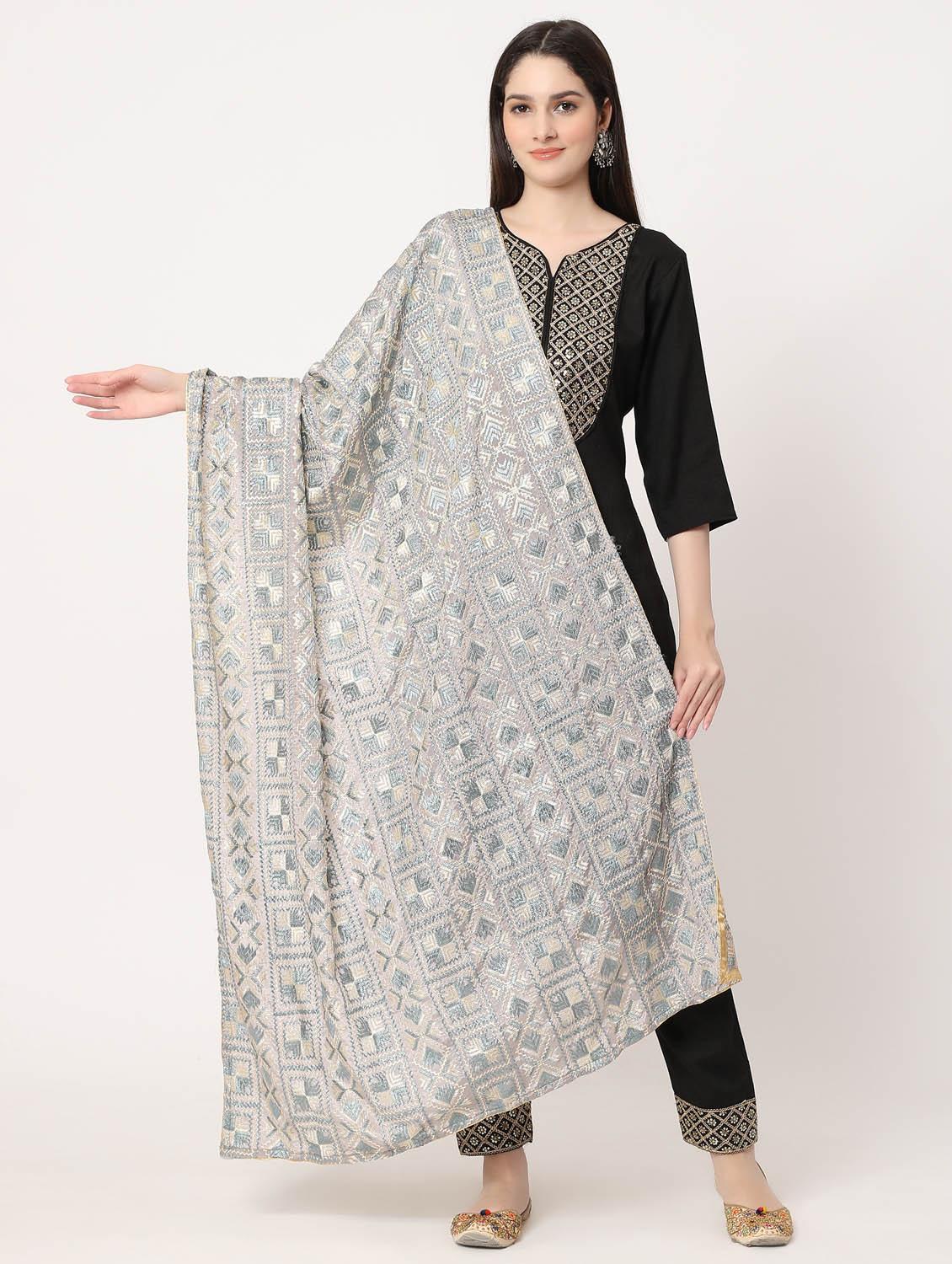 grey phulkari dupatta - 20276711 - Standard Image - 3