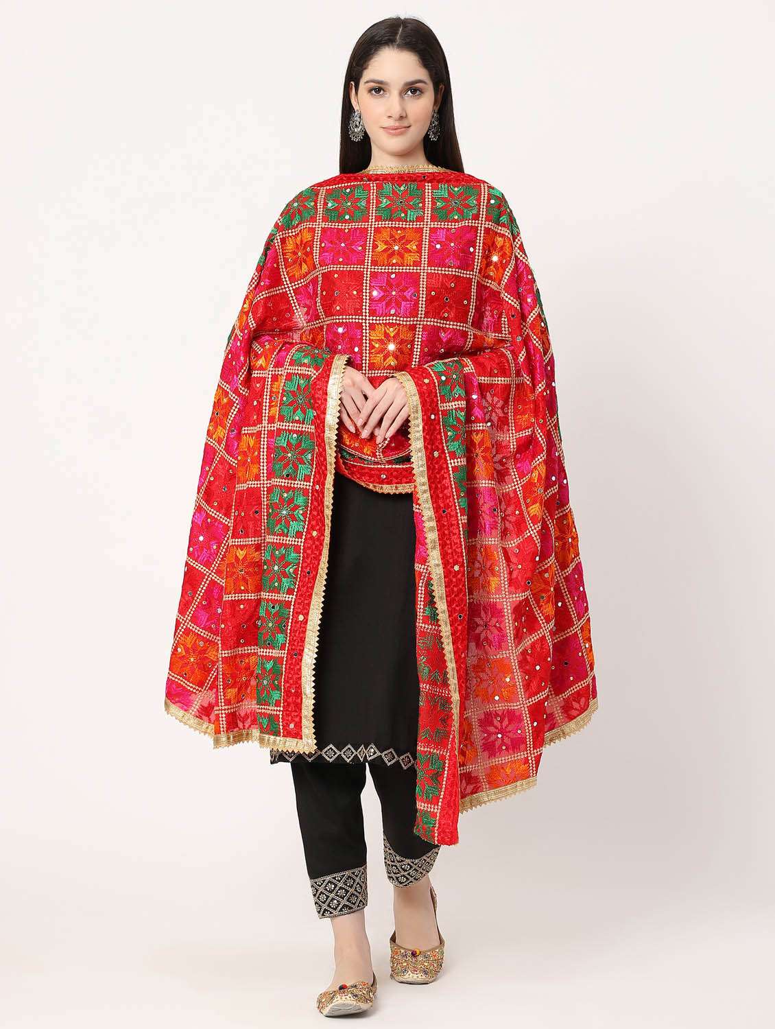 Women Red Phulkari Embroidered Dupatta