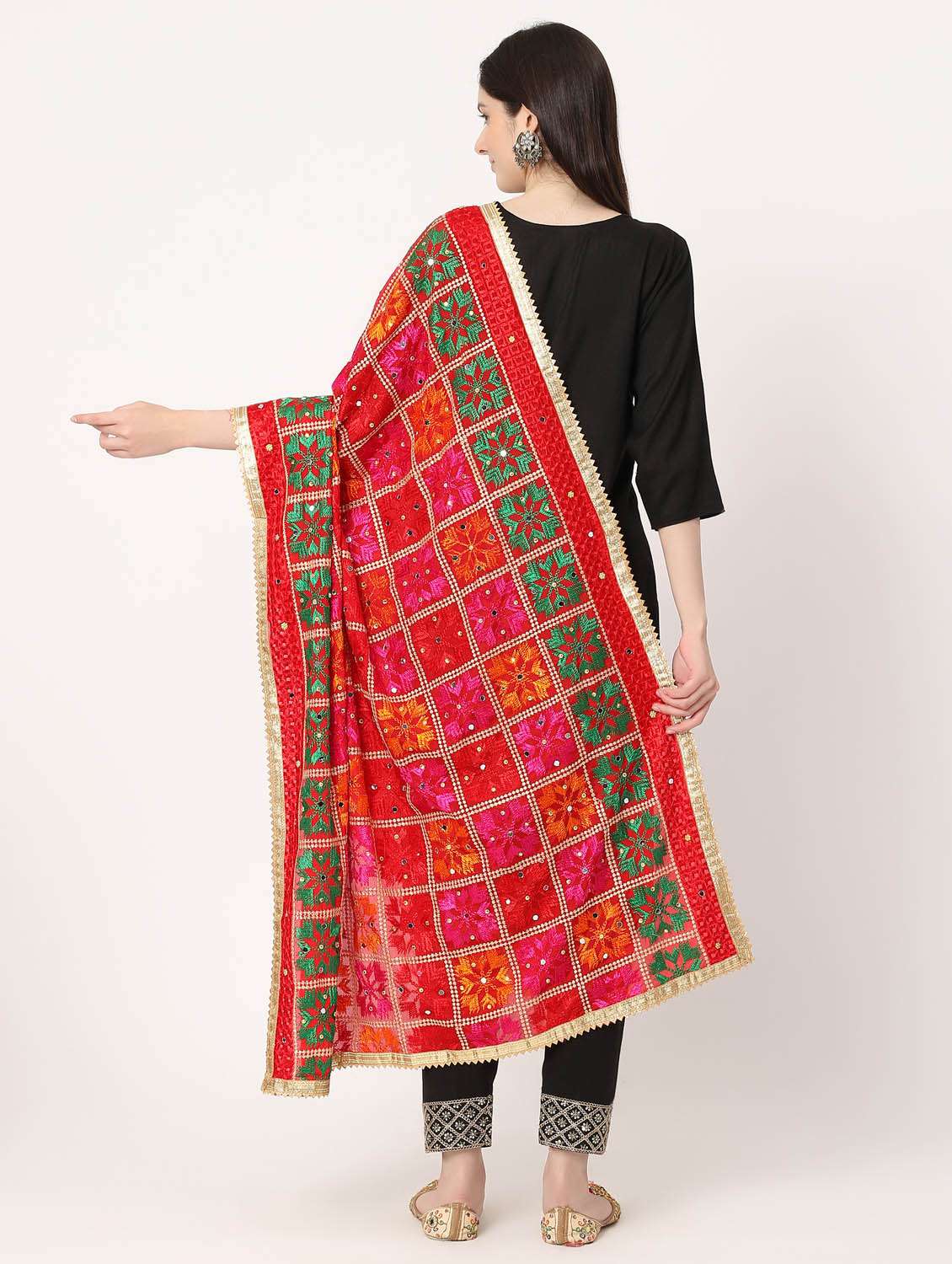 Women Red Phulkari Embroidered Dupatta
