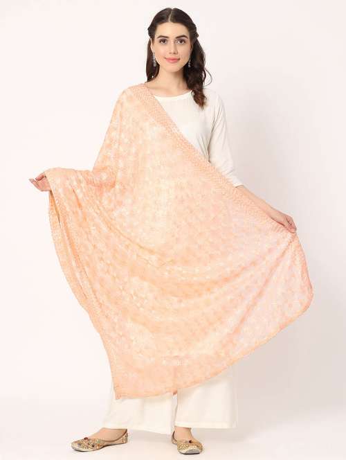 women peach phulkari embroidered dupatta - 20276723 -  Standard Image - 0