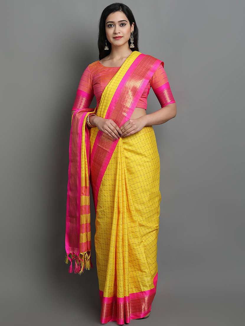 women's checks yellow colored saree with blouse - 20277040 -  Zoom Image - 0