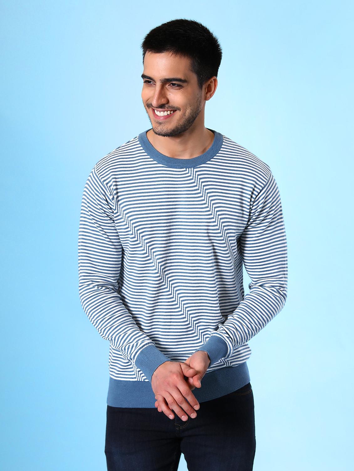 blue striped round neck t-shirt