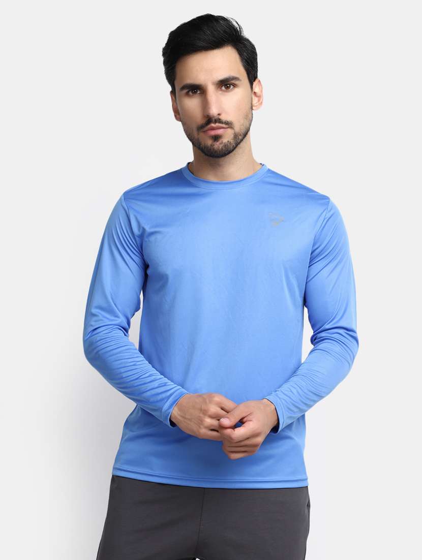 blue solid round neck long sleeves t-shirt