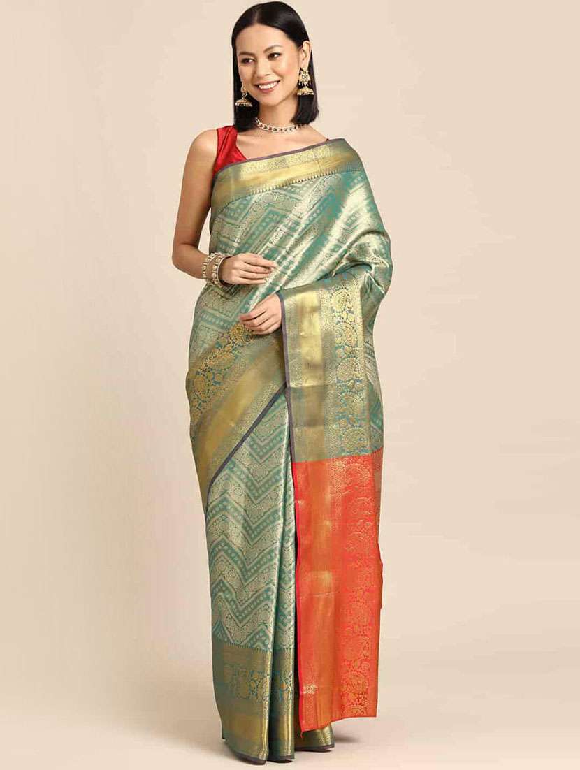 women's self design turquoise colored saree with blouse