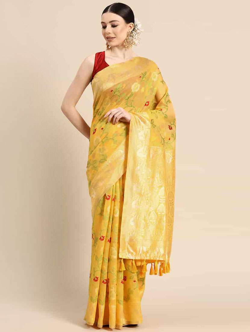 women's floral mustard colored saree with blouse