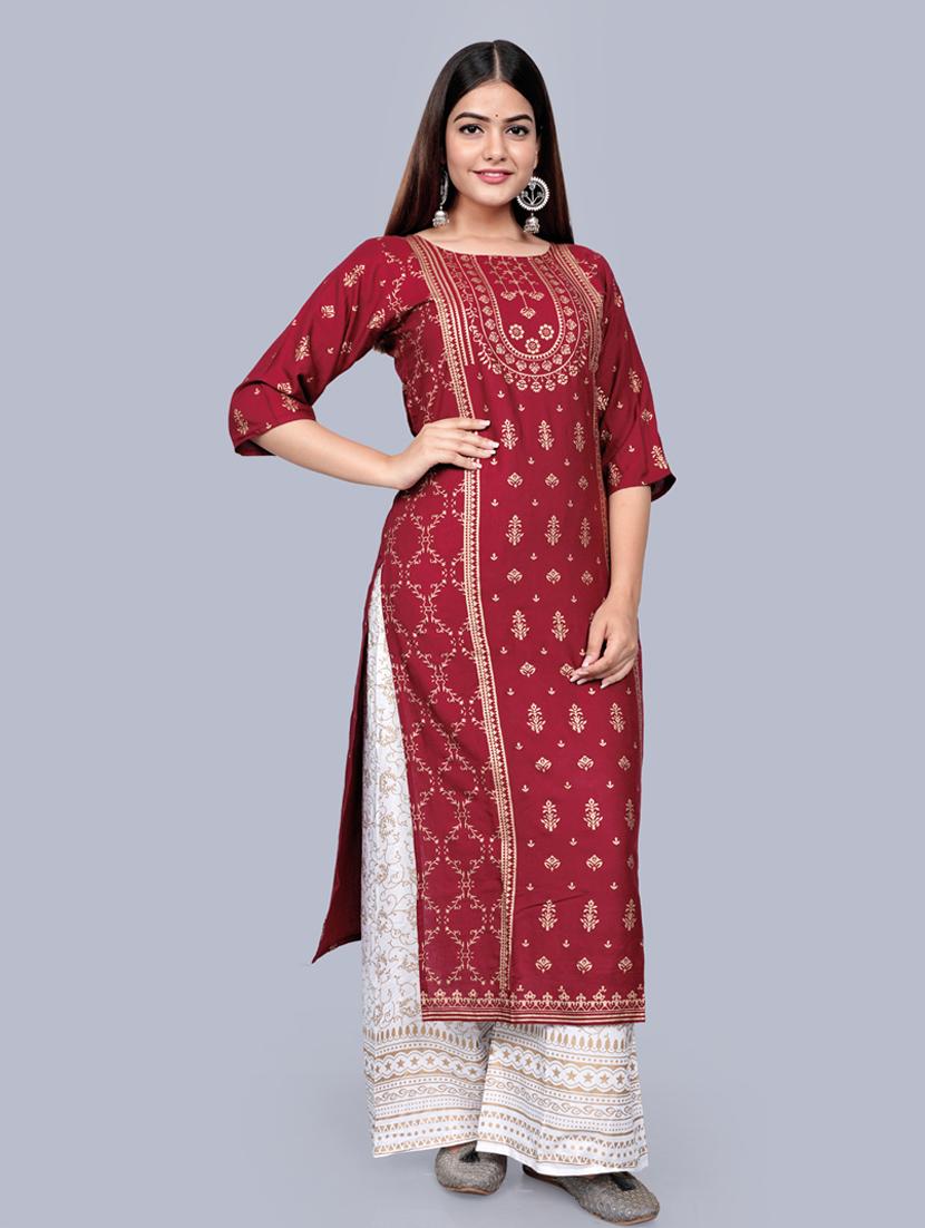 maroon colored kurta palazzo set - 20280738 - Zoom Image - 0