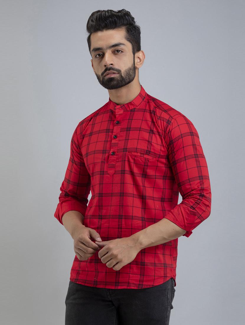 men red checks cotton short kurta - 20280814 -  Zoom Image - 0