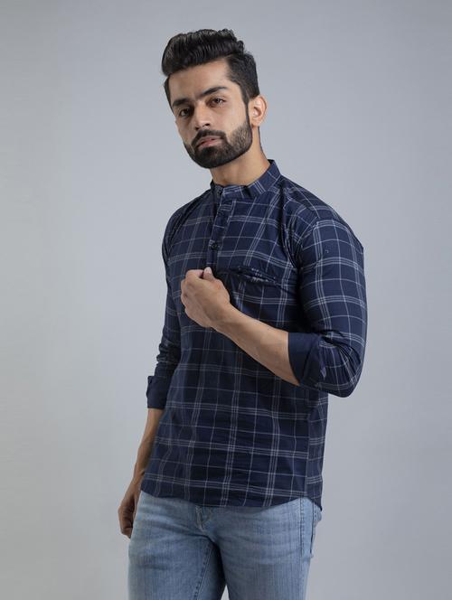 men navy blue checks cotton short kurta - 20280815 -  Standard Image - 0