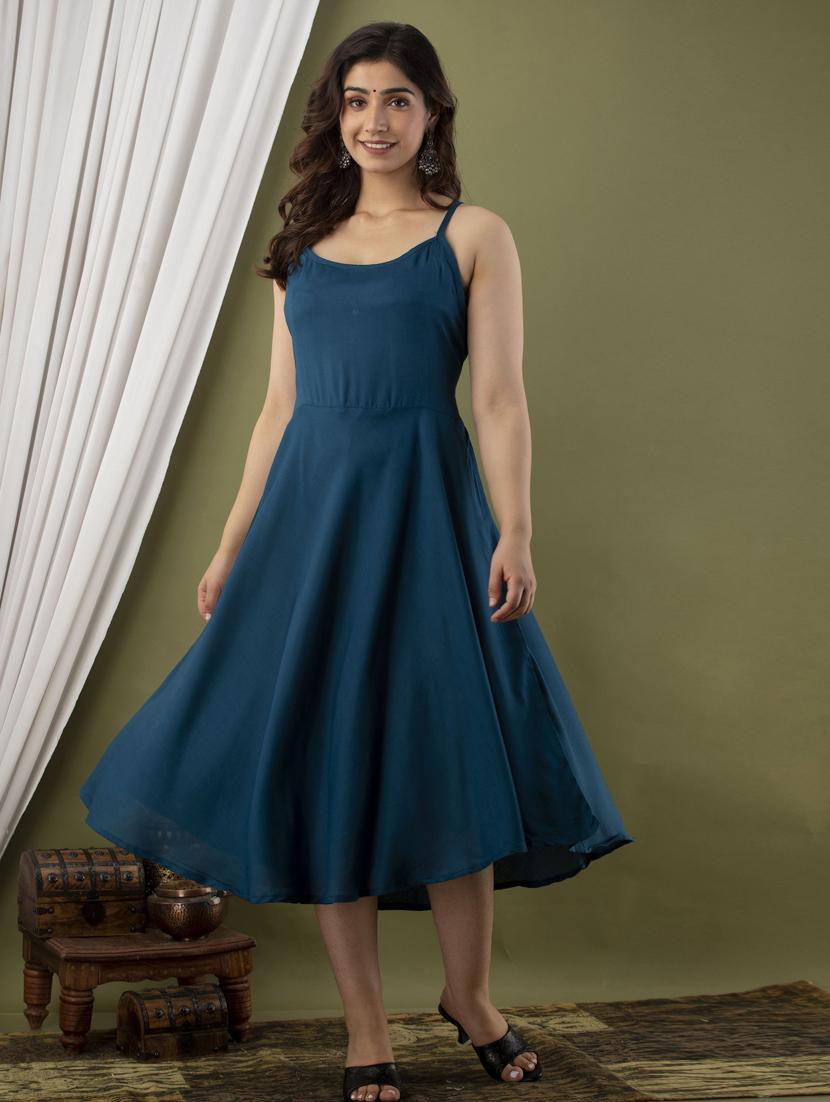 blue solid shoulder strap fit & flare dress - 20281195 - Zoom Image - 0
