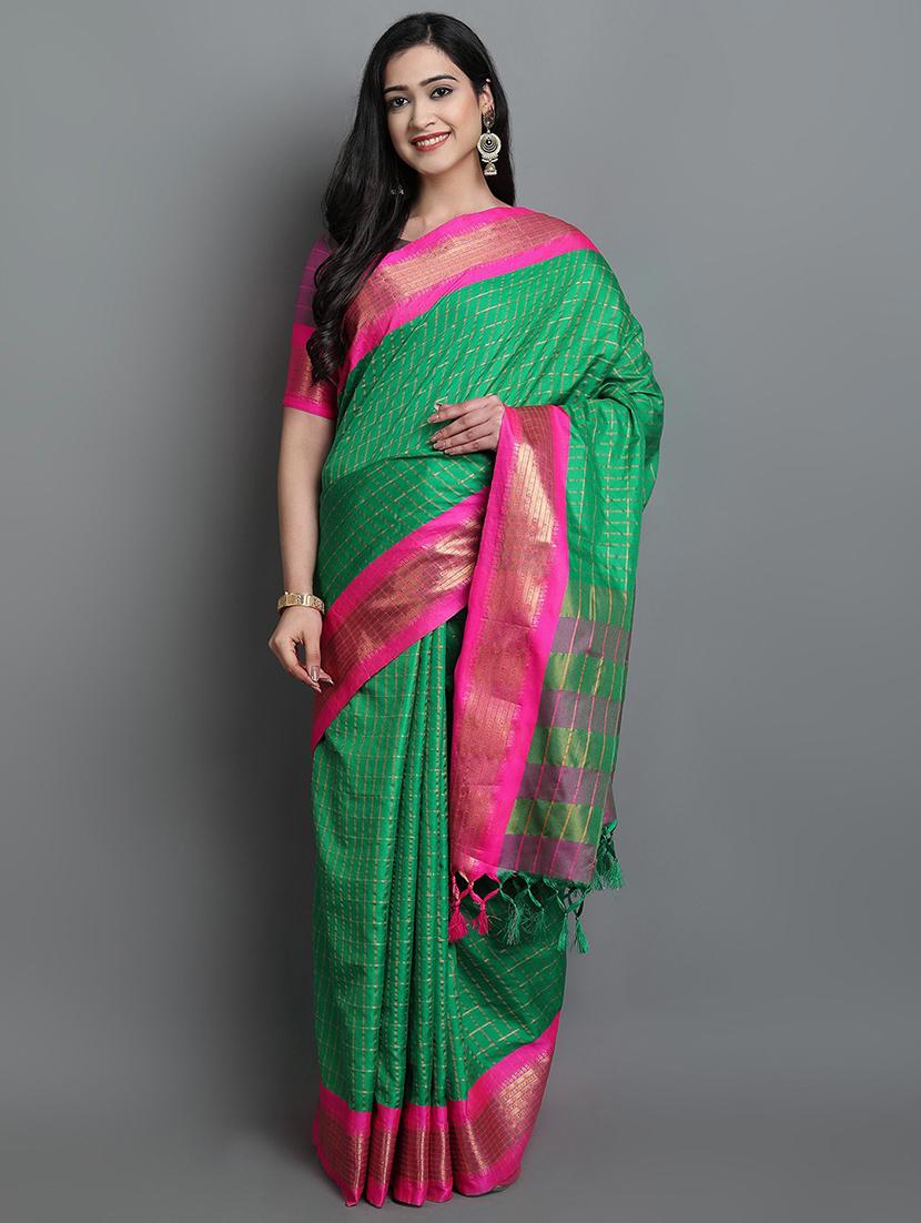 women's checks green colored saree with blouse - 20282021 -  Zoom Image - 0