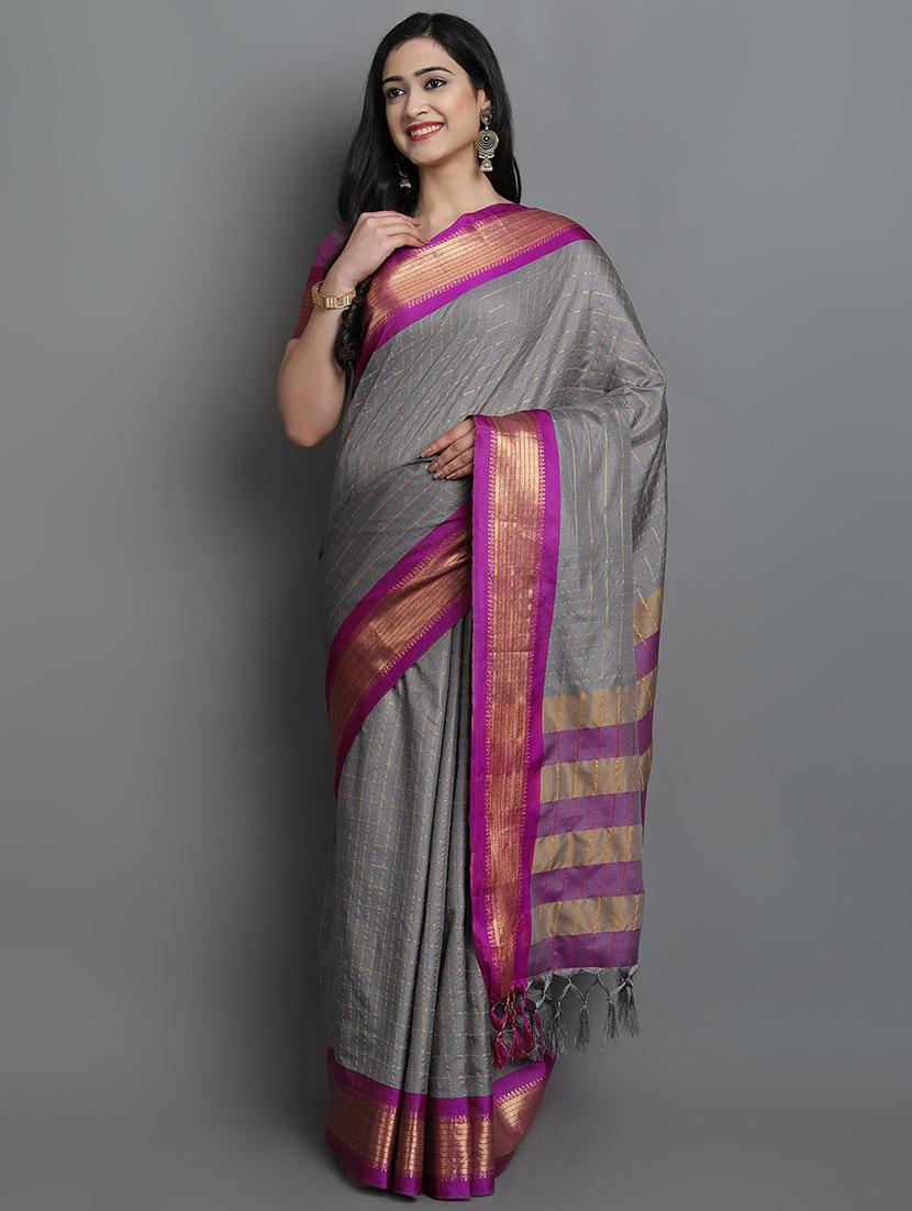 women's bordered grey colored saree with blouse - 20282024 -  Zoom Image - 0