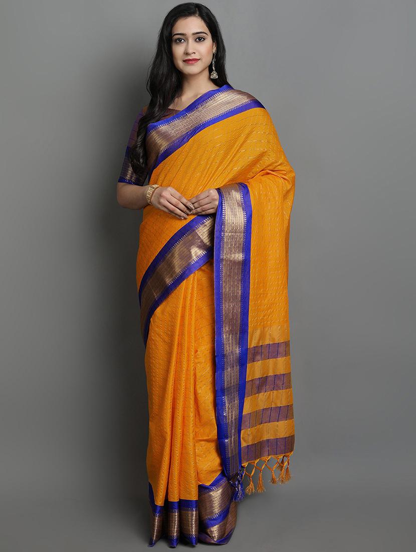 women's checks mustard colored saree with blouse - 20282030 - Zoom Image - 0