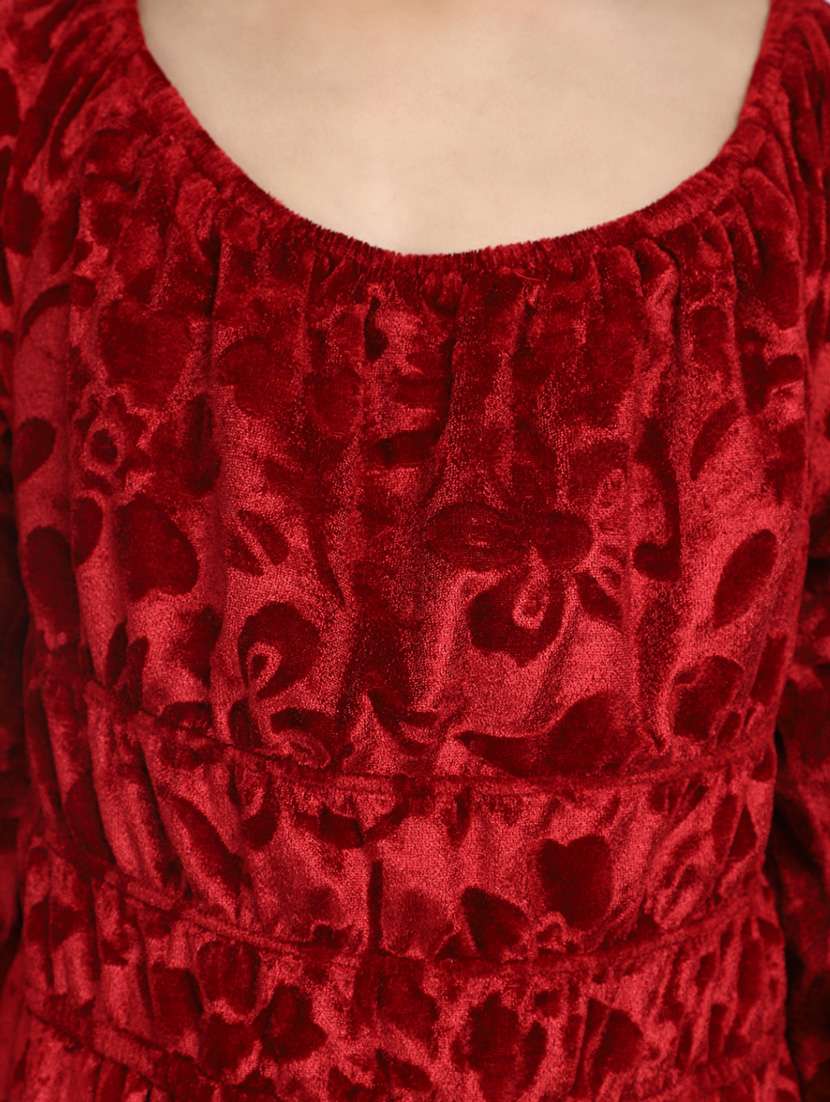 girls red round neck self design velvet frock - 20282328 -  Standard Image - 5