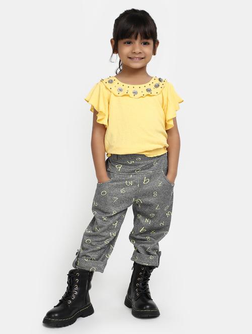 girls yellow neck detailed top & printed capri set - 20282602 -  Standard Image - 0