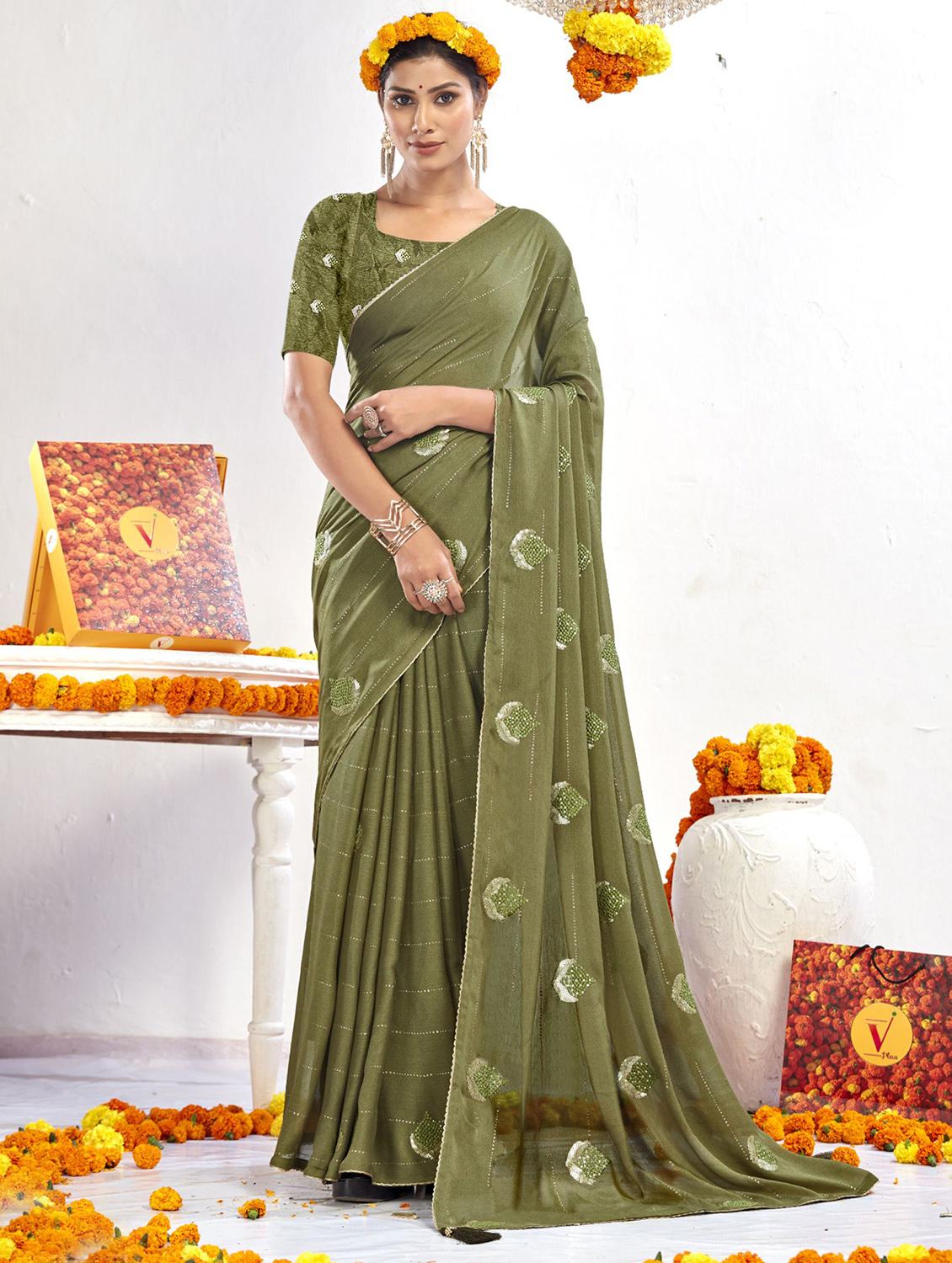 olive green embellished saree with blouse - 20282782 - Zoom Image - 0