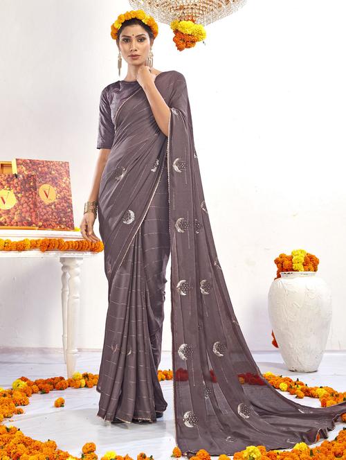 taupe colored printed saree with blouse - 20282783 - Standard Image - 0
