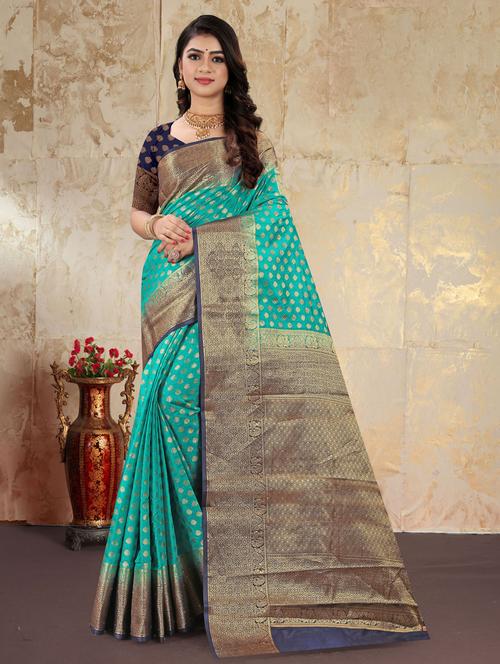 sky blue self design banarasi saree with blouse - 20282792 -  Standard Image - 0