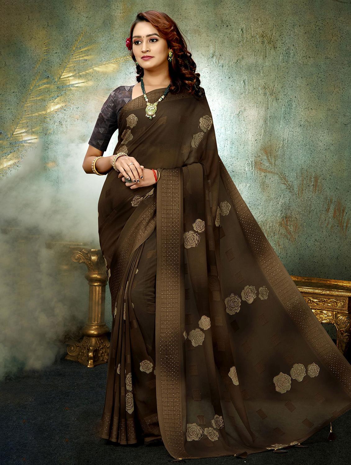 women mehendi bordered georgette saree with blouse - 20282795 -  Zoom Image - 0