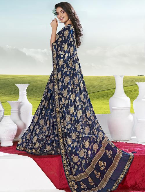 navy georgette printed saree with blouse - 20282799 -  Standard Image - 0