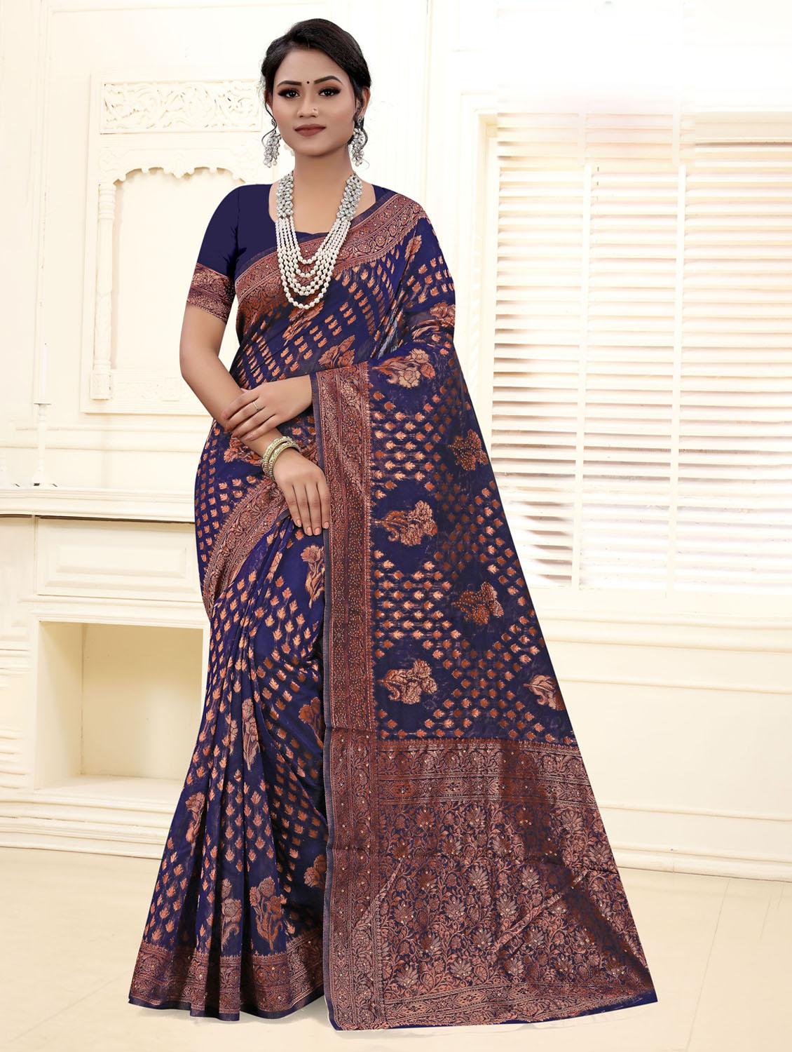 blue self design bordered saree - 20282832 -  Zoom Image - 0
