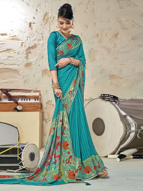 turquoise printed saree  with blouse - 20282834 -  Standard Image - 0