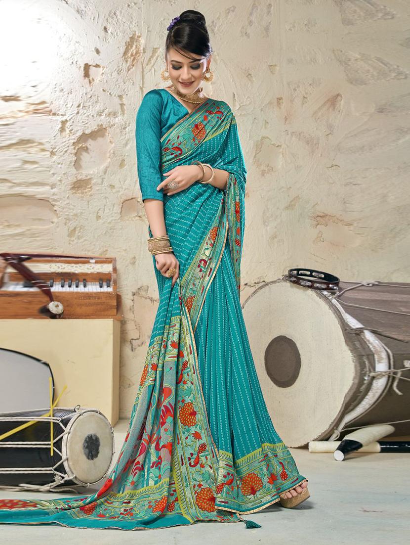 turquoise printed saree  with blouse - 20282834 -  Zoom Image - 0