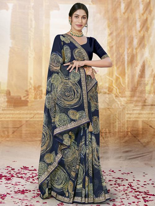 blue printed saree with blouse - 20282850 - Standard Image - 0
