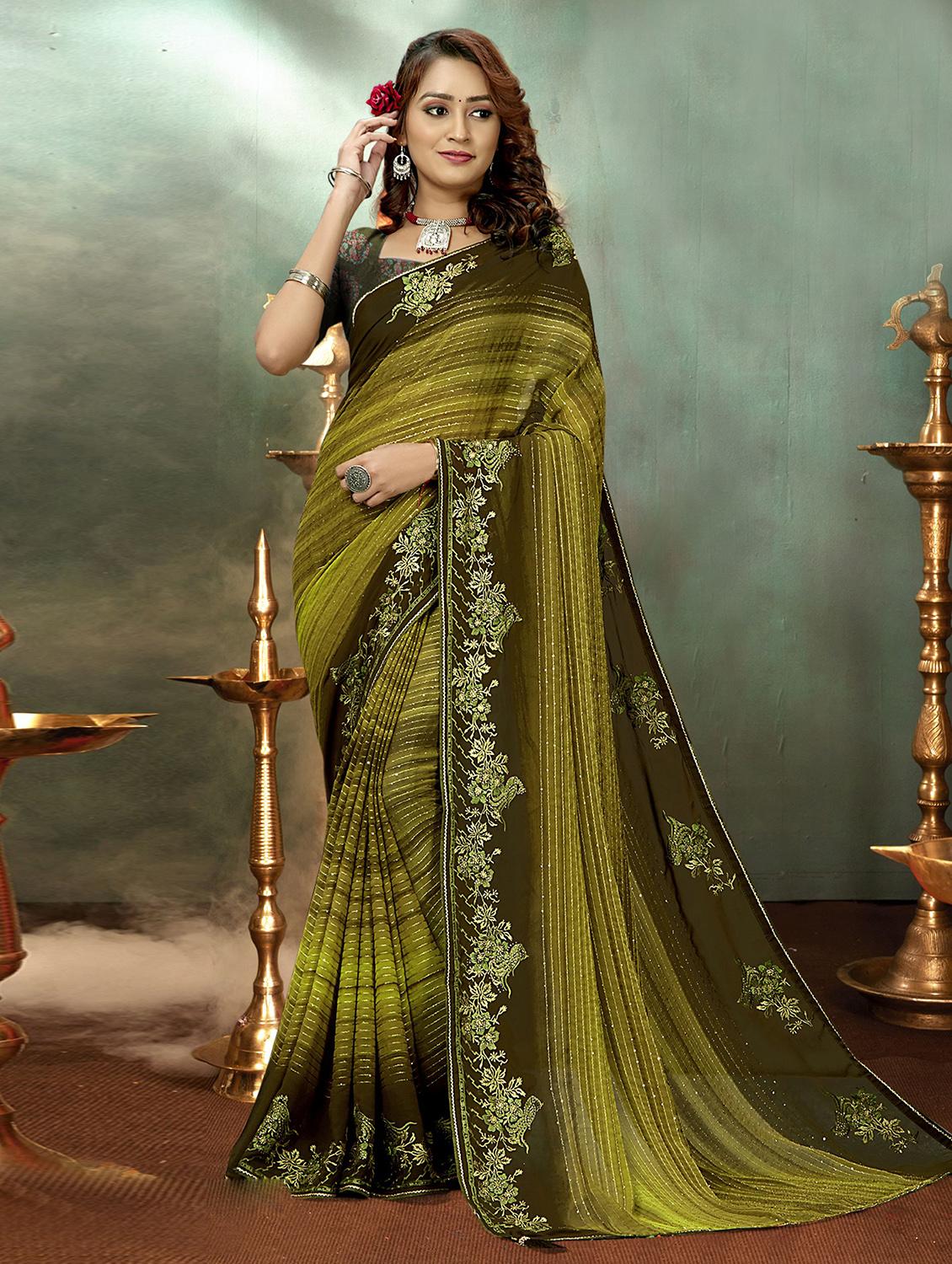 olive colored printed saree with blouse - 20282858 - Zoom Image - 0