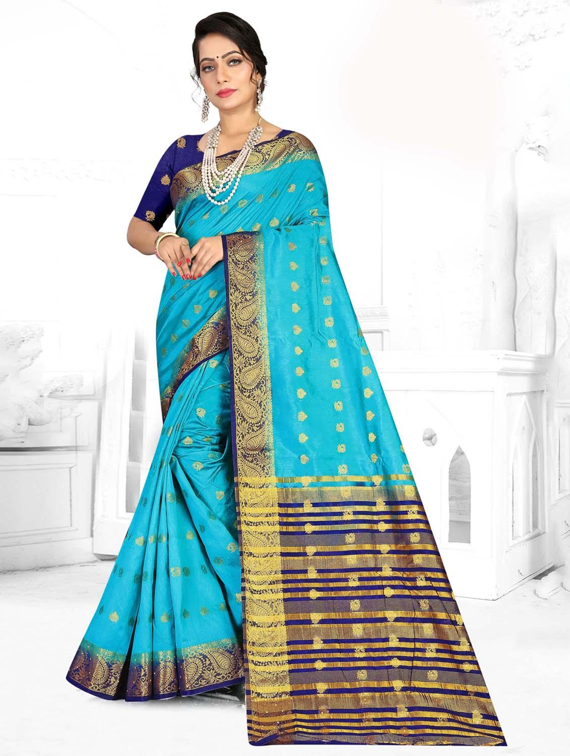 turquoise colored banarasi saree with blouse - 20282932 - Zoom Image - 0