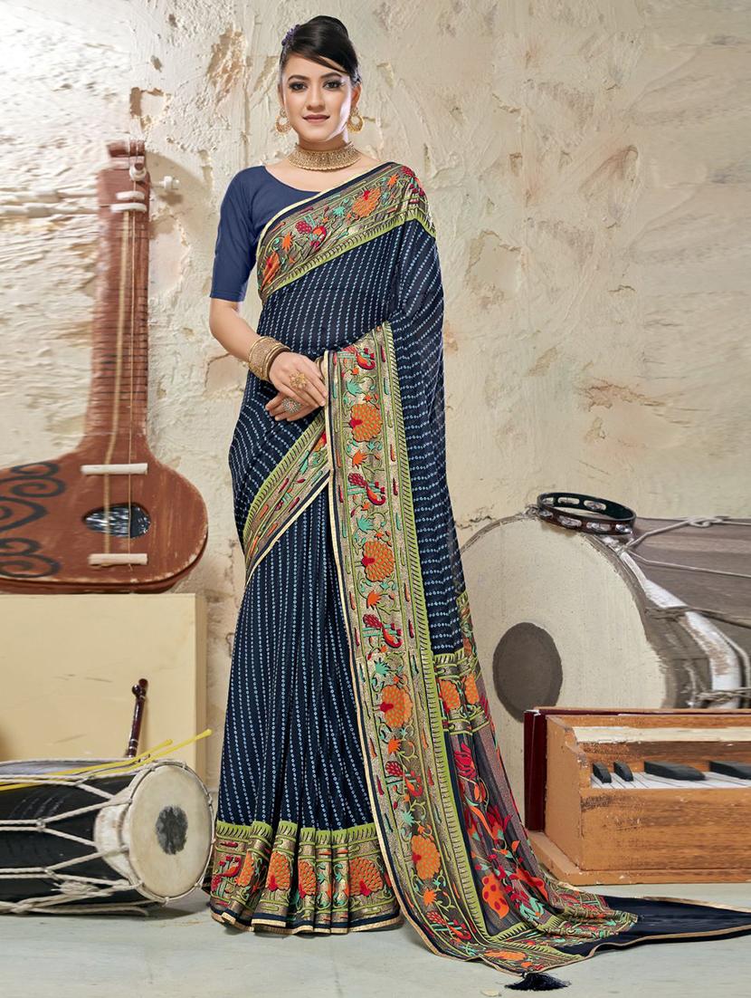 navy blue colored printed saree with blouse - 20282938 - Zoom Image - 0