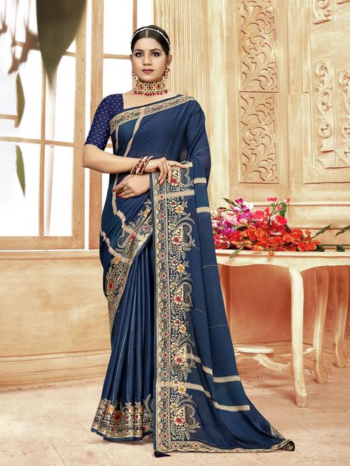 navy blue colored embroidered saree with blouse - 20283510 - Standard Image - 0