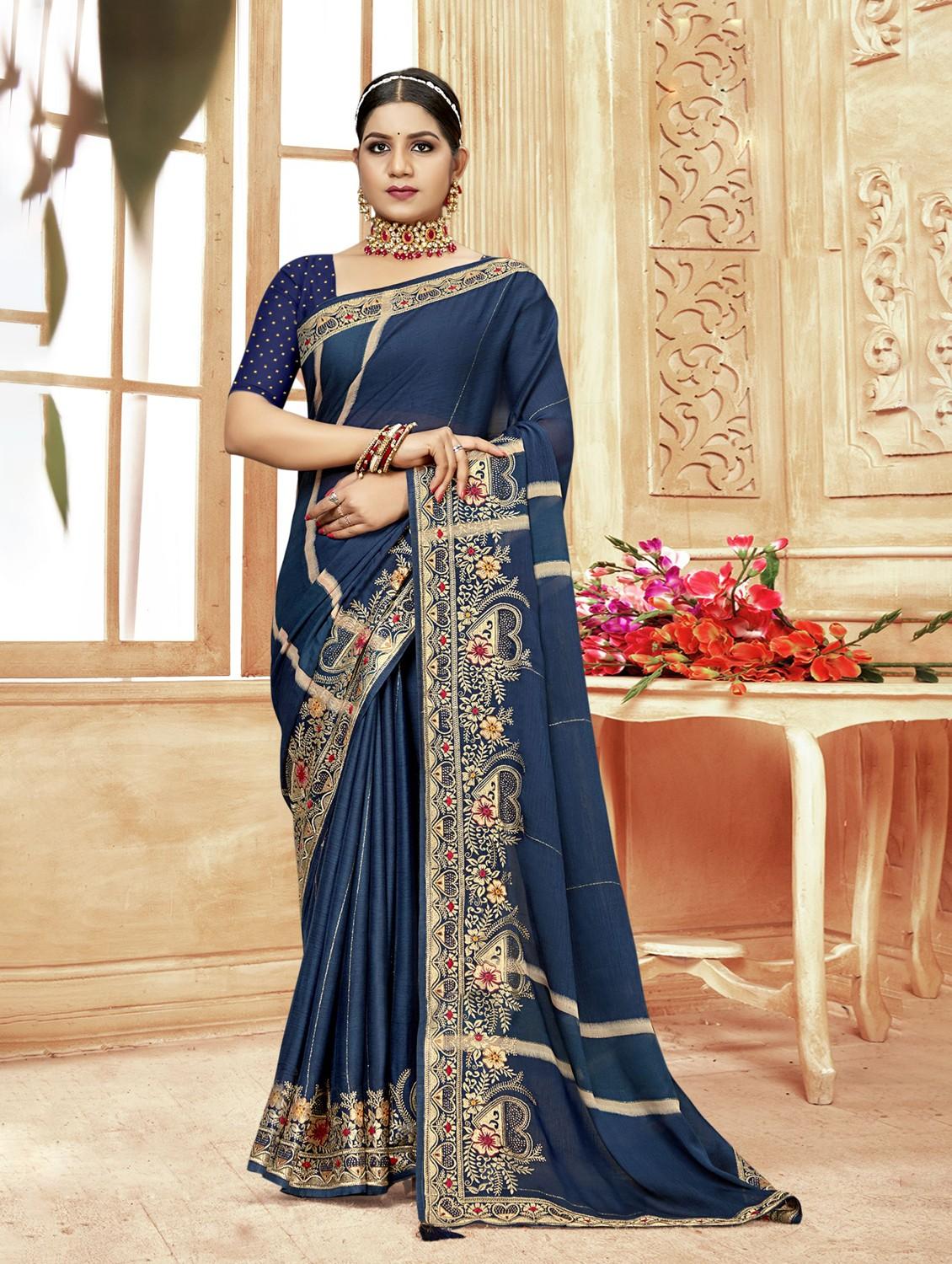 navy blue colored embroidered saree with blouse - 20283510 - Zoom Image - 0