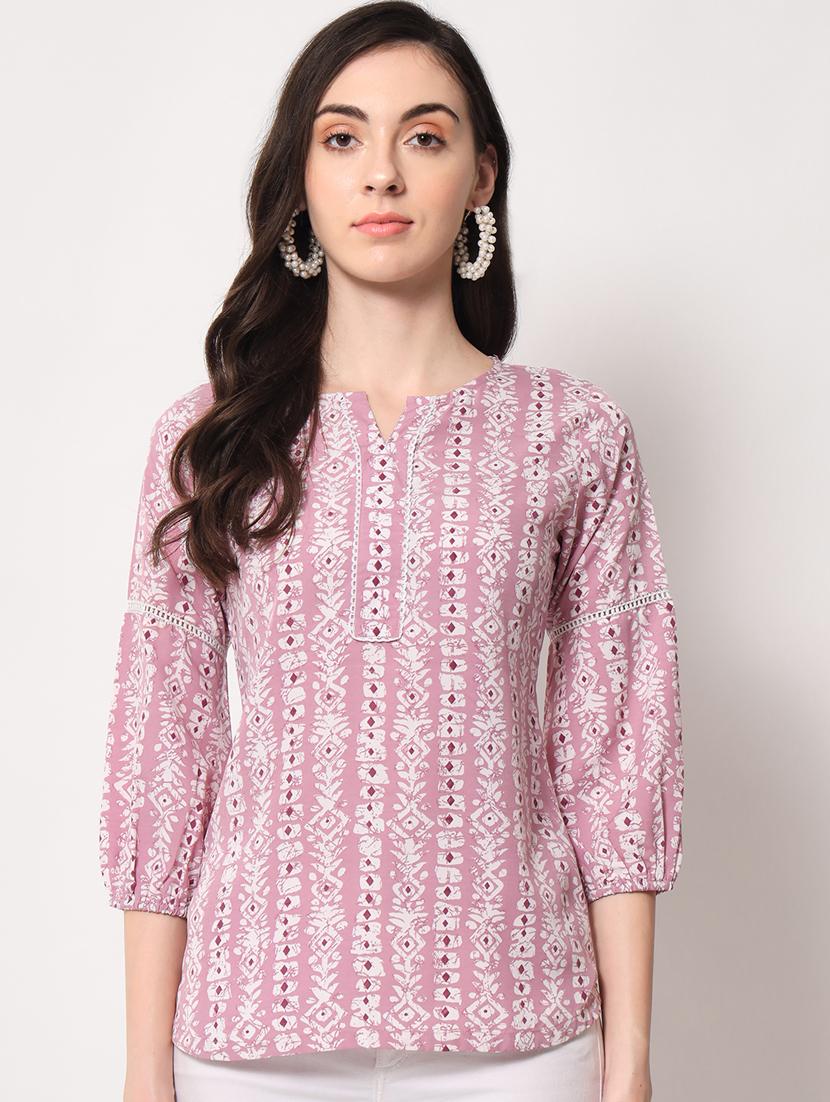 women lavender printed notch neck top