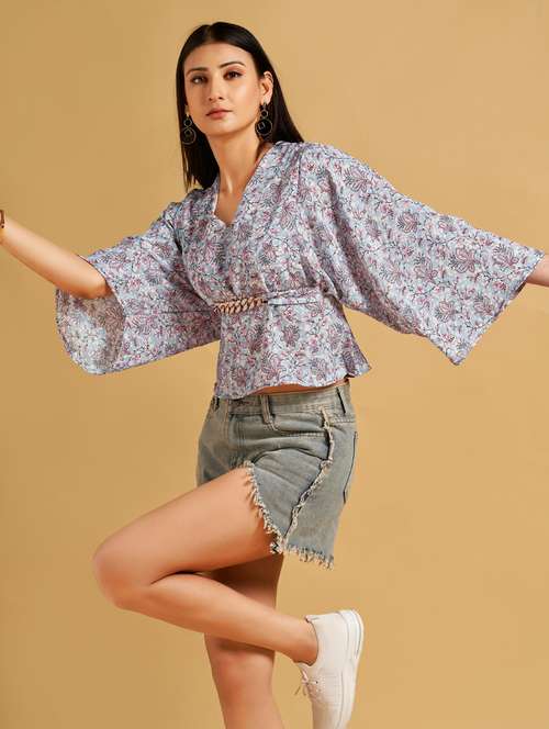 light blue floral print bell sleevs peplum top - 20284273 - Standard Image - 0