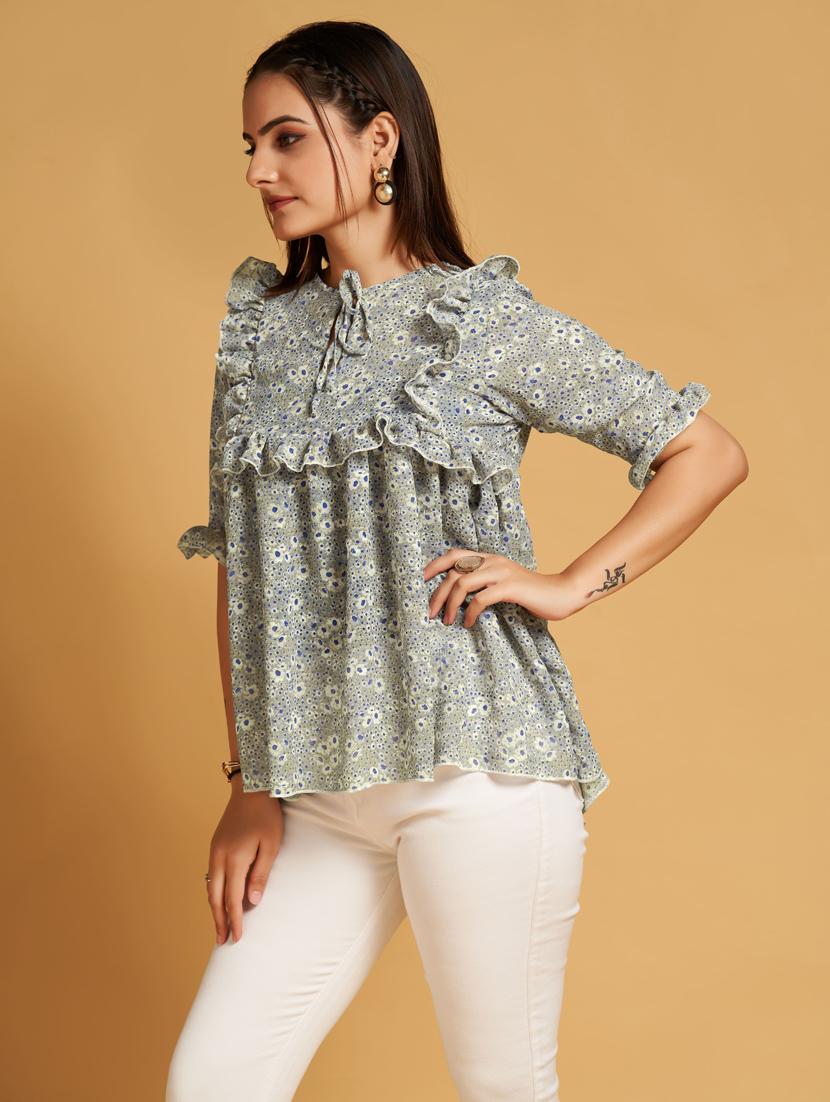green floral print tie up neck a-line top - 20284281 - Zoom Image - 0