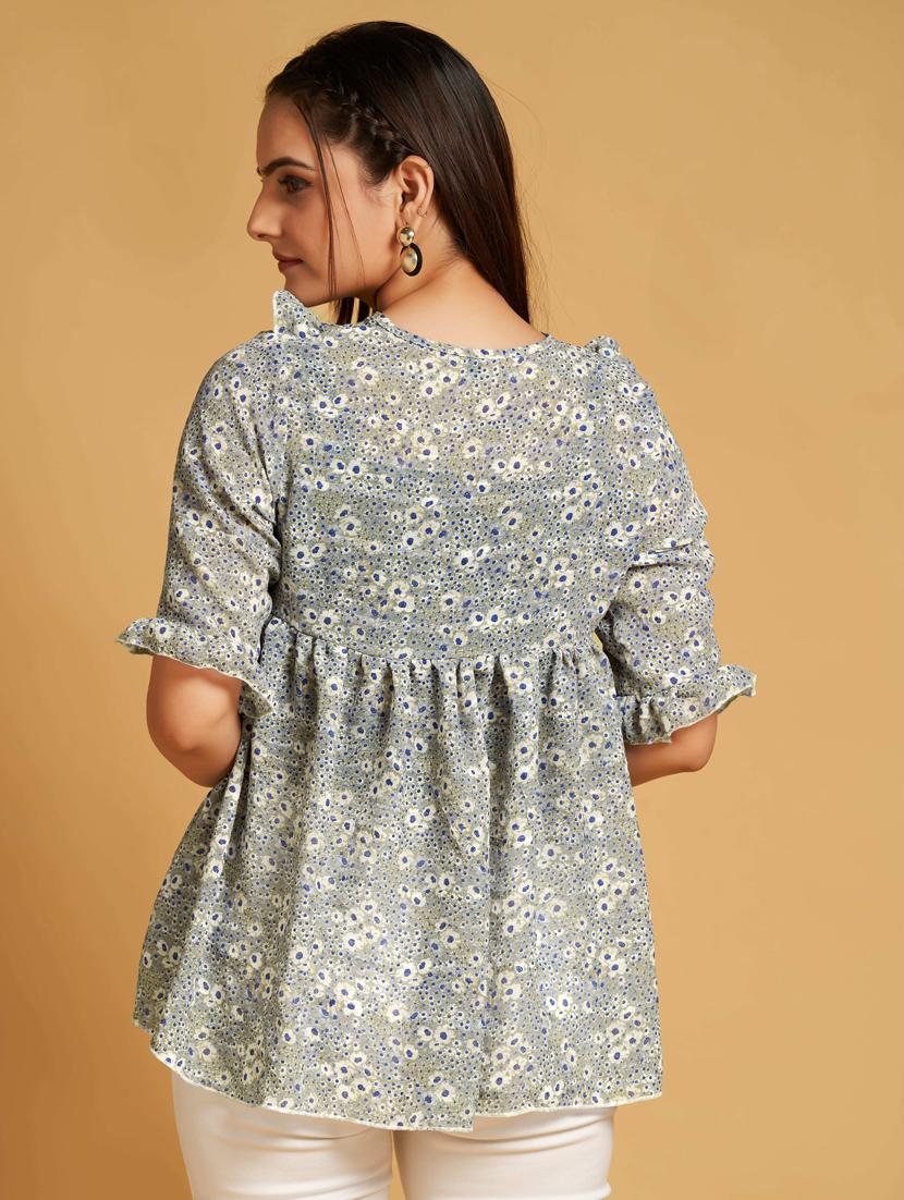 green floral print tie up neck a-line top - 20284281 - Standard Image - 3