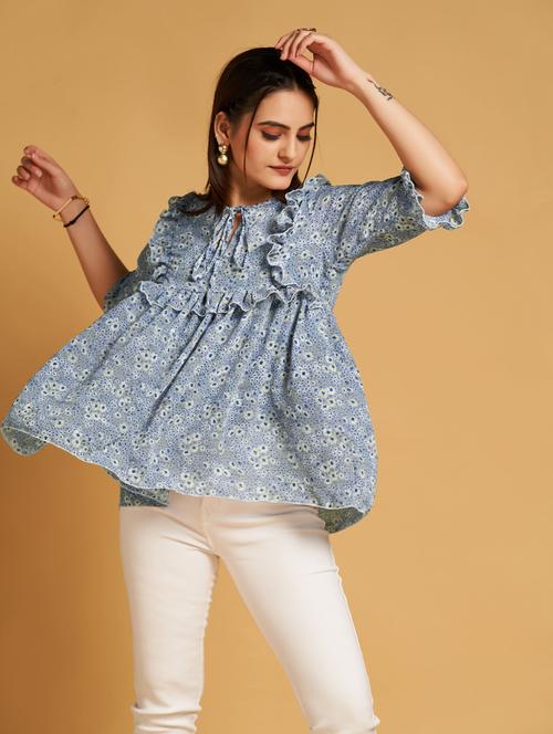 light blue floral print tie up neck a-line top - 20284284 - Standard Image - 0
