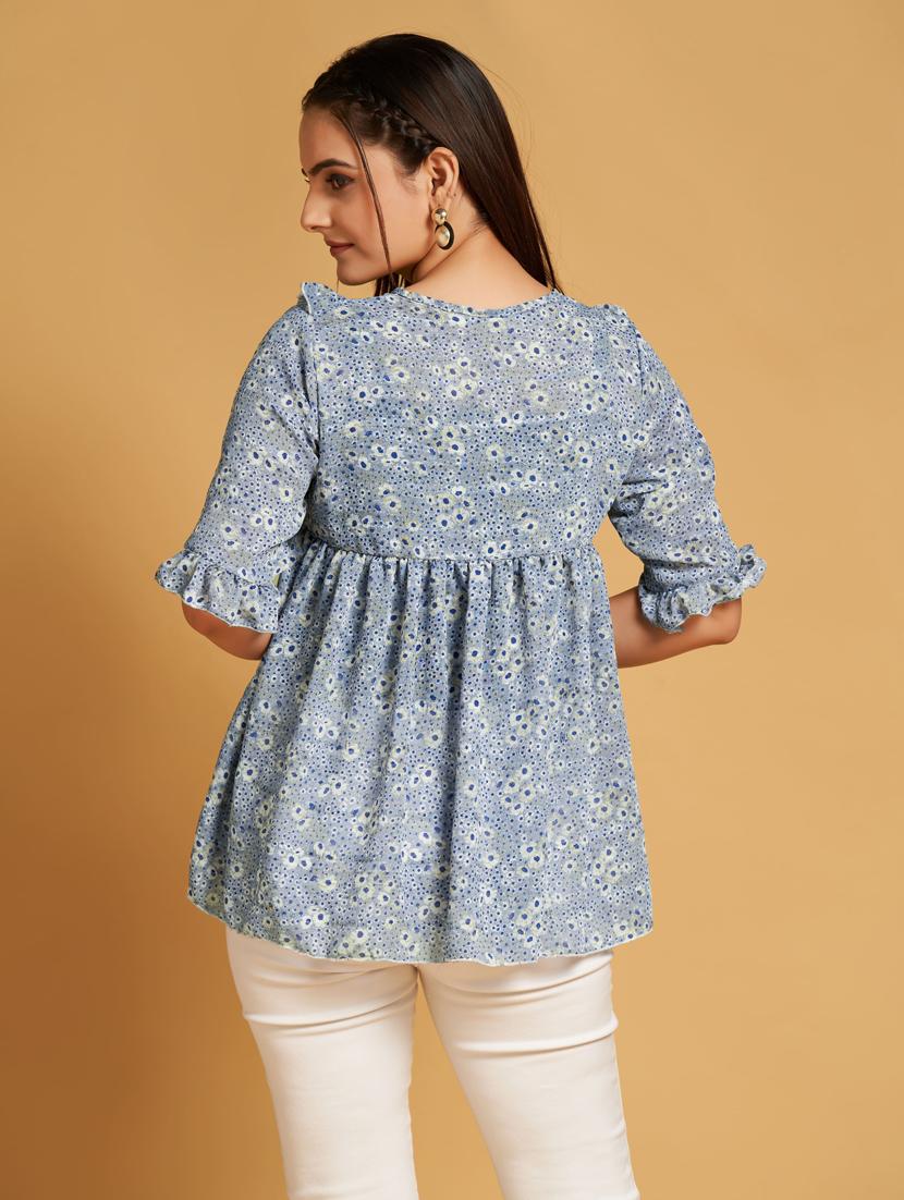light blue floral print tie up neck a-line top - 20284284 - Standard Image - 5