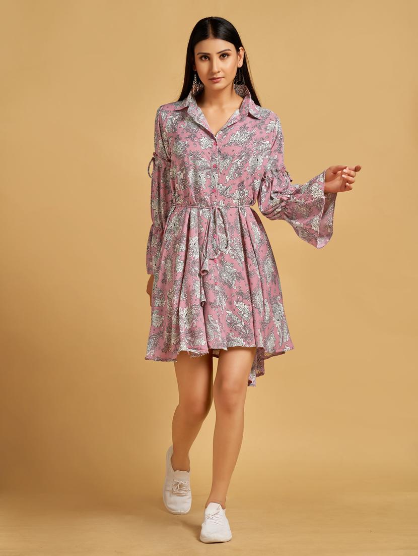 pink paisley print bell sleeves fit & flare dress - 20284307 -  Zoom Image - 0