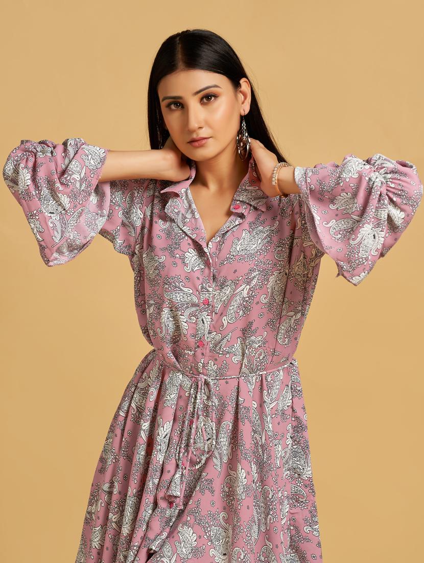 pink paisley print bell sleeves fit & flare dress - 20284307 - Standard Image - 3