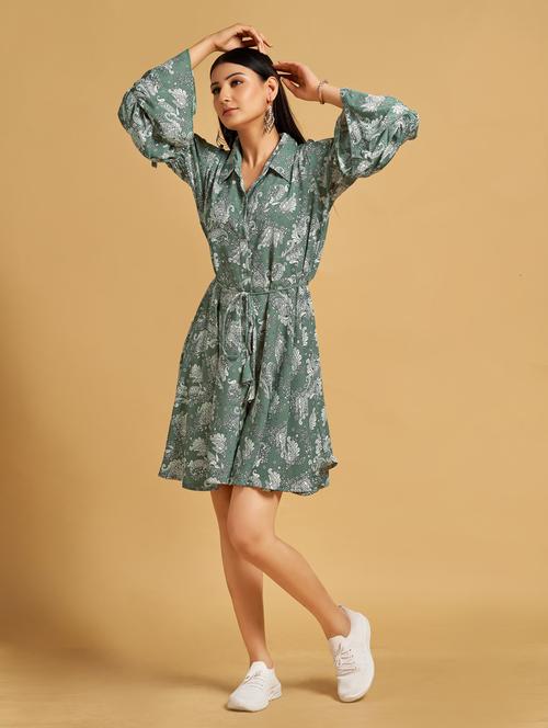 green paisley print bell sleeves fit & flare dress - 20284309 -  Standard Image - 0