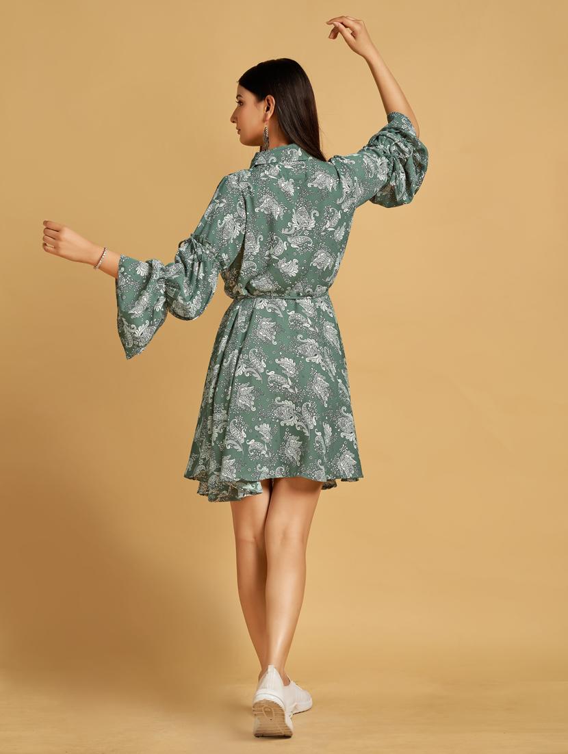 green paisley print bell sleeves fit & flare dress - 20284309 - Standard Image - 3