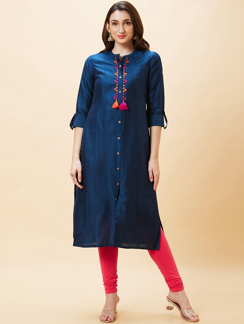 women navy blue polyester straight kurta - 20288166 - Zoom Image - 0