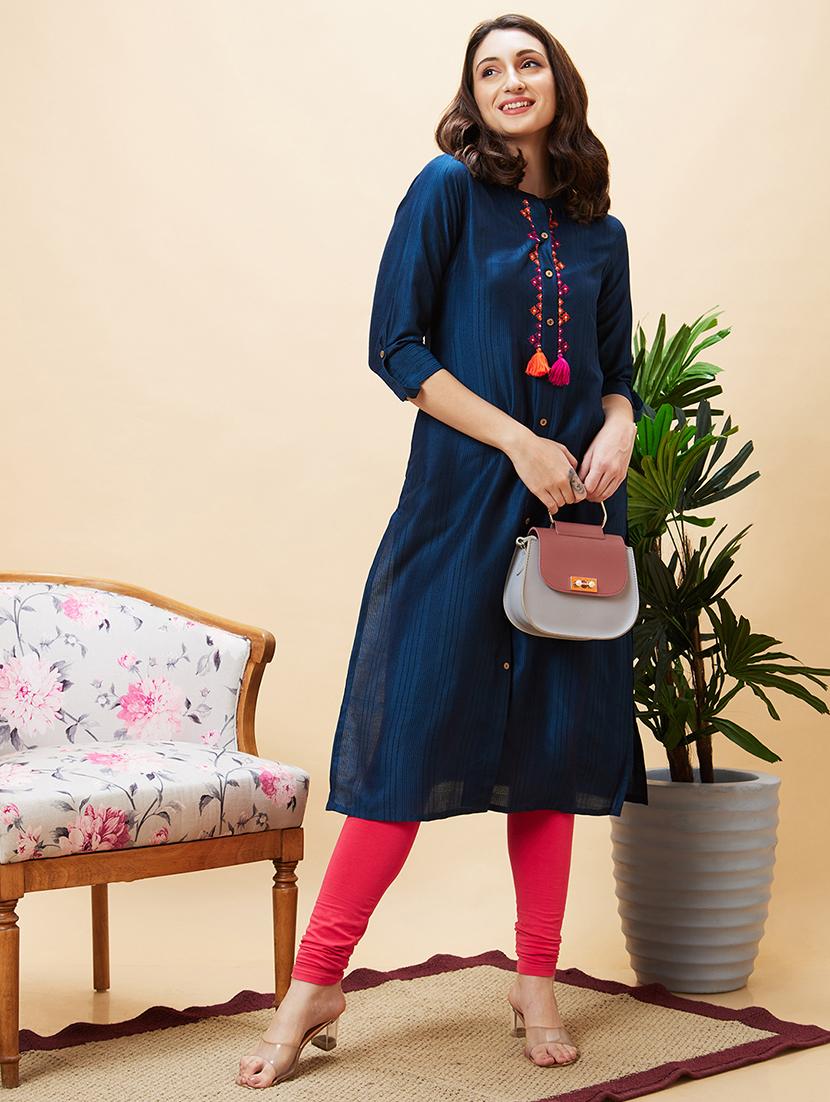 women navy blue polyester straight kurta - 20288166 - Standard Image - 3